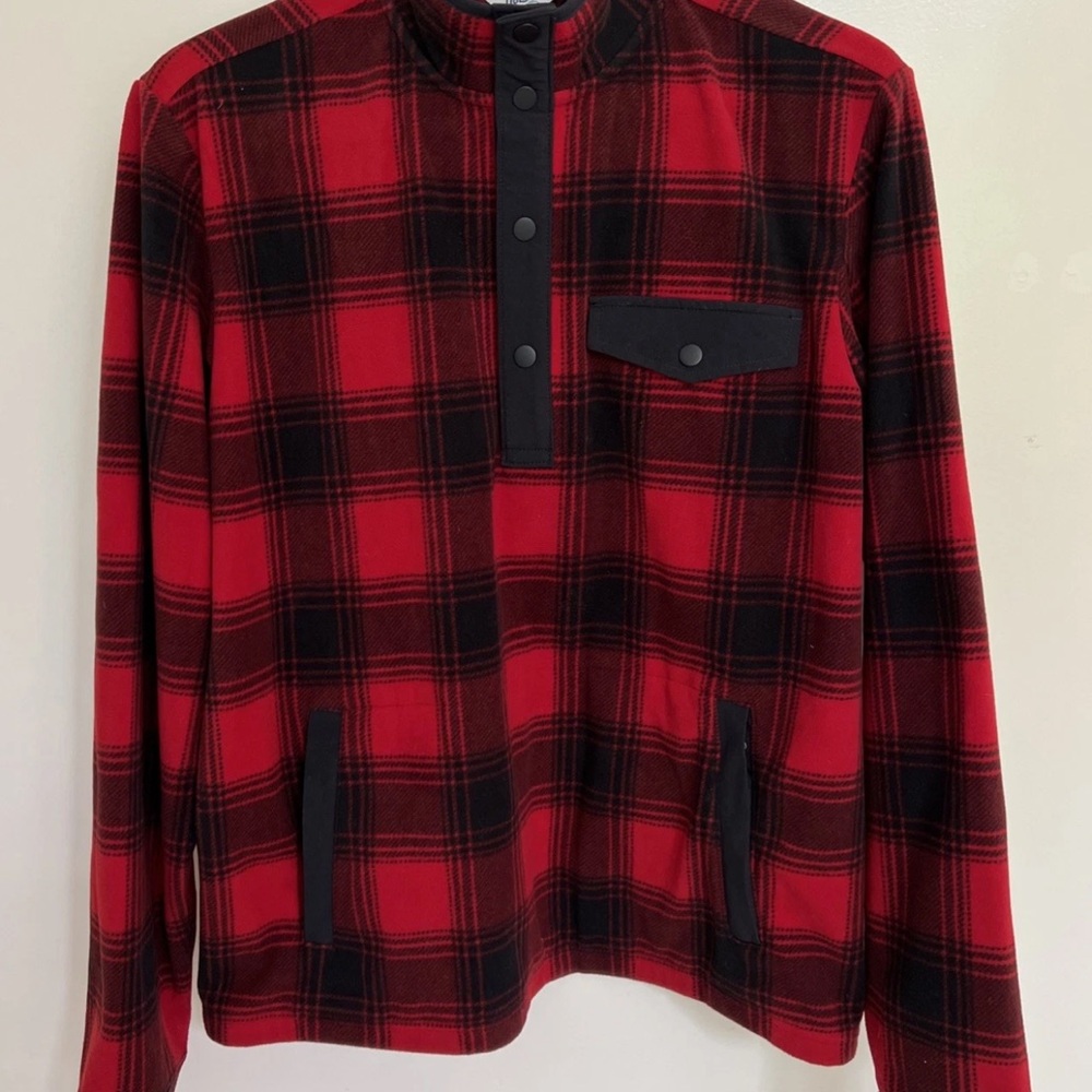 Duluth Trading Co Mens Lg Red Buffalo Plaid 1/4 Snap Fleece Pullover Sweater